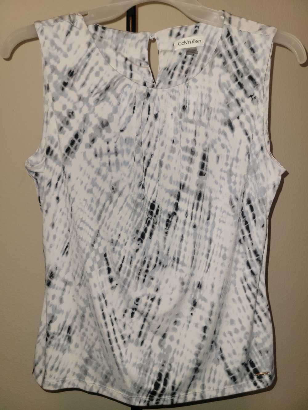 Calvin Klein White, Gray, Blue Sleeveless Print Shell